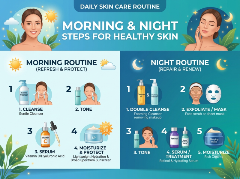 Skin Care Routine : Morning and Night Steps for Healthy Skin
