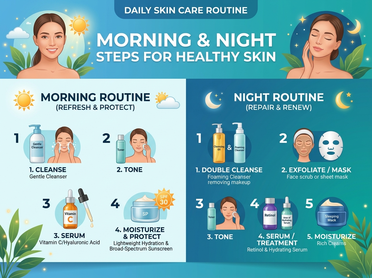 Skin Care Routine : Morning and Night Steps for Healthy Skin