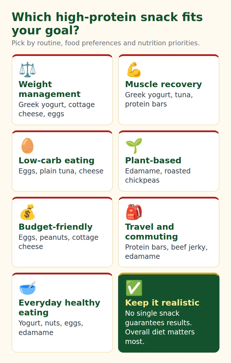 Infographic matching high protein snacks to goals: weight management, muscle recovery, low-carb eating, plant-based nutrition, budget-friendly eating, travel and commuting, and everyday healthy eating