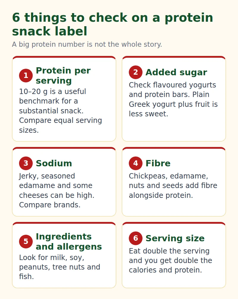 Checklist of six things to check on a protein snack label: protein per serving, added sugar, sodium, fibre, ingredients and allergens, and serving size