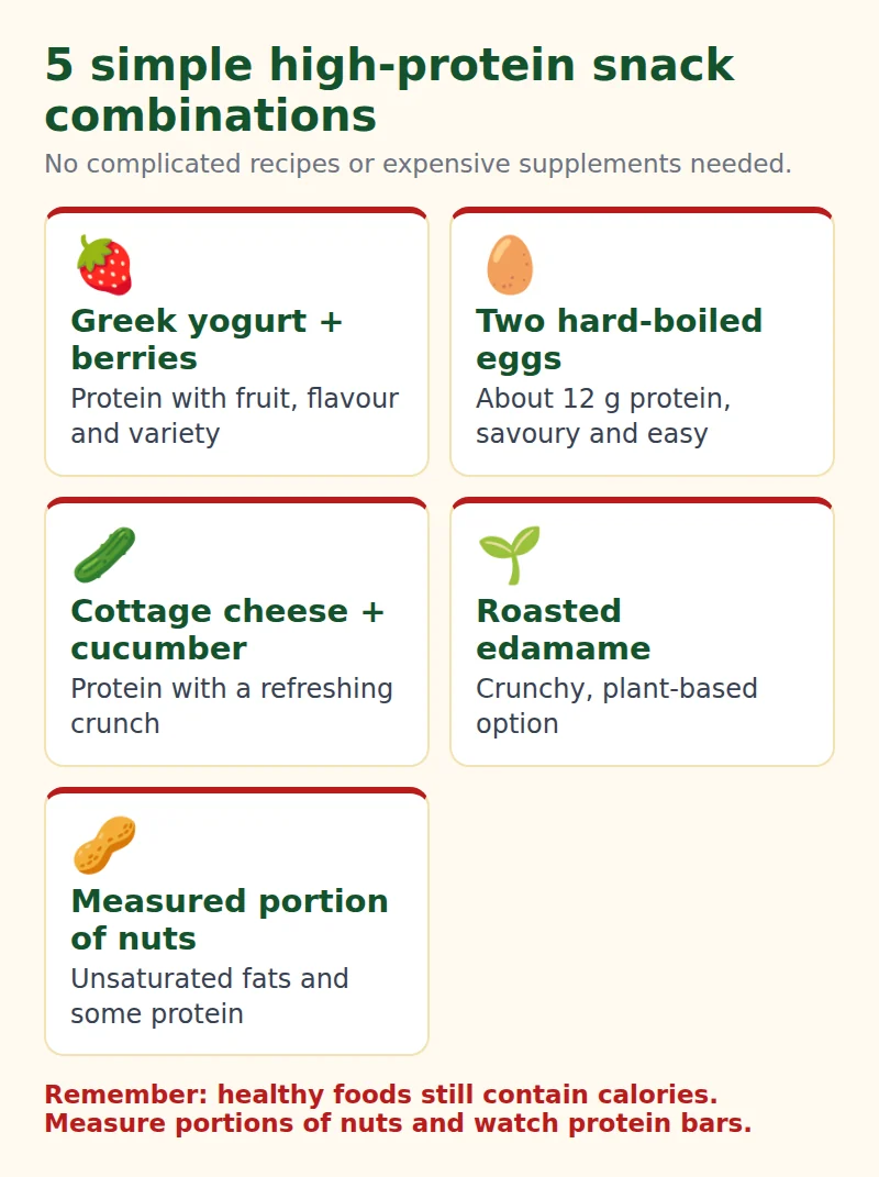 Five simple high protein snack combinations: Greek yogurt with berries, two hard-boiled eggs, cottage cheese with cucumber, roasted edamame and a measured portion of nuts
