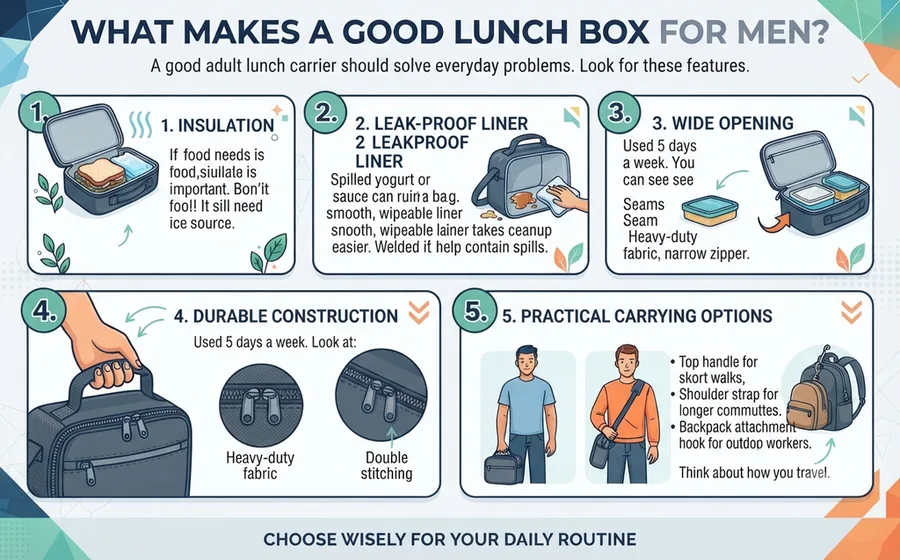 What makes a good lunch box for men: insulation, liner, opening, construction and carrying options
